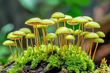 Green moss and small mushrooms thriving on tree trunk in forest Generative AI