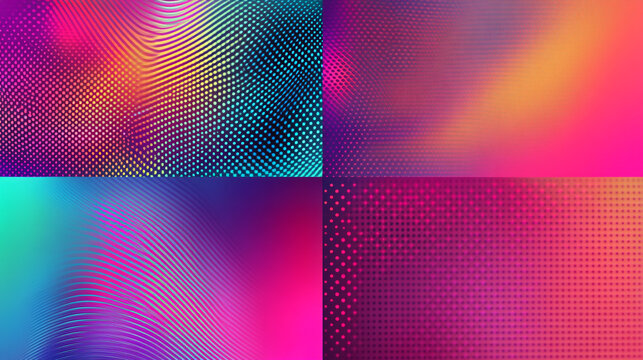 Abstract collage of colorful backgrounds with gradient dots and lines in four distinct sections