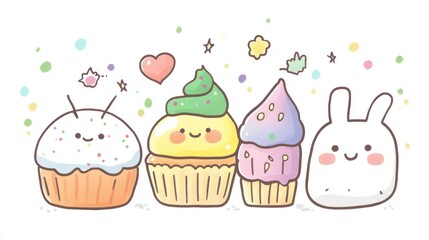 Cute cupcakes and bunny, pastel colors, celebration, dessert illustration, for cards