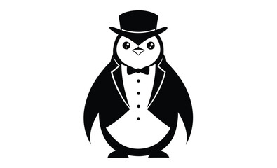 Penguin in tuxedo hat art silhouette, Penguin in Tuxedo Hat and Bow Tie on Rock Vector Illustration 