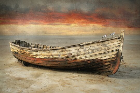 A weathered wooden boat rests on a sandy beach under a dramatic sunset sky, two seagulls perched on its stern.