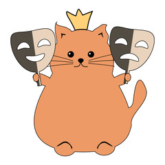 Nice cute fat funny cat with theatre mask on white background isolated vector illustration