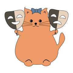 Nice cute fat funny cat with theatre mask on white background isolated vector illustration