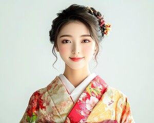Portrait of a Smiling Woman Wearing a Kimono with Floral Details