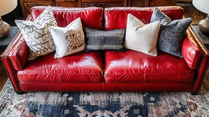 Red leather sofa, pillows, rug, home decor