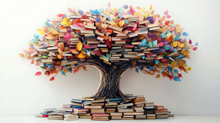 Whimsical illustration of a tree made from books, ideal for promoting literacy events, education initiatives, or International Literacy Day activities.
