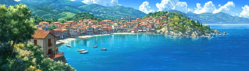 Fototapeta premium Coastal Town Seaside View Sunny Day Stock Photo