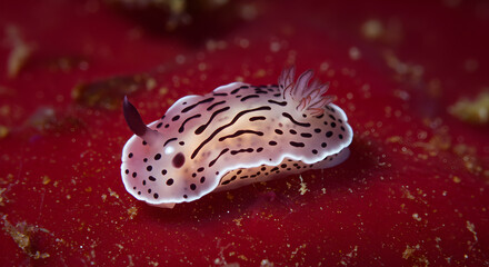 Obraz premium Detailed sea slug on vivid red sponge showcasing underwater life and vibrant marine ecosystem
