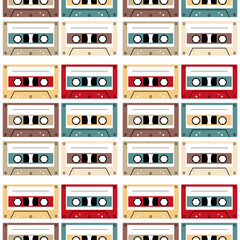 Seamless pattern with audio cassette 80s 90s retro style background print vintage vector illustration 
