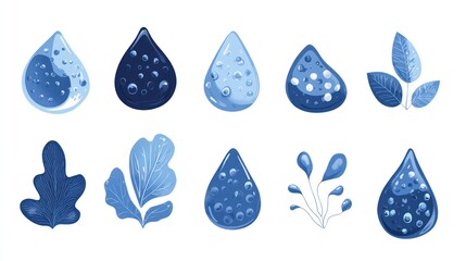 Blue water drops and leaves graphic design collection