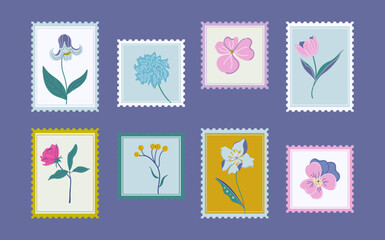 Postage stamps set with flowers. Beautiful floral collection.  Botanical prints for greeting card and textile. Hand drawn flat design vector illustration.