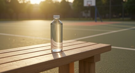 Bottle of water resting on a wooden bench at sunset near a basketball court