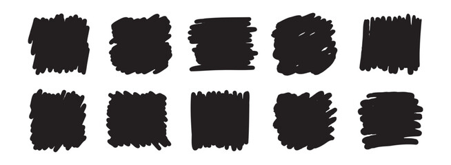 Abstract hand drawn scribble set art. Vector grunge brush square. Sketch graphic design isolated on white background.