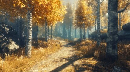 Obraz premium Autumn path, misty forest, sunlit trail, game background