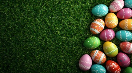 Colorful decorated Easter eggs on green grass background with copy space. Spring holiday celebration concept for greeting card, invitation, or seasonal decoration