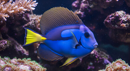 Obraz premium Elegant blue sailfin tang swimming gracefully near coral reef environment