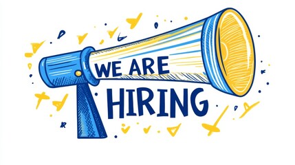 "We Are Hiring" Vector Logo with Megaphone Icon in Blue and Yellow