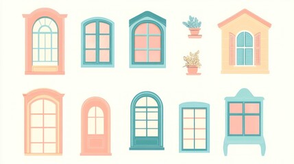 Fototapeta premium Pastel windows, doors, and plants; home decor design elements