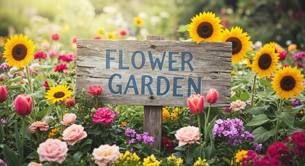 Flower garden sign amidst vibrant blooms showcasing a joyful and inviting atmosphere, symbolizing nature's beauty and vibrancy with sunflowers and tulips in colorful arrangements