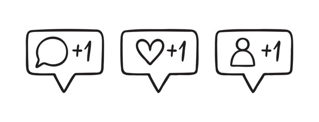 follower notification for Social media network signs. Icon comment, like, follower doodle hand drawn icon. Outline drawing line clipart symbol