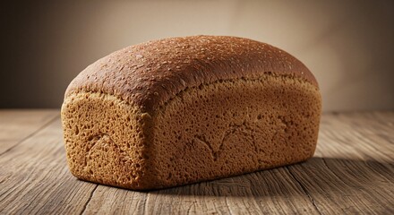 Freshly baked loaf of bread with a golden-brown crust, exuding warmth and rustic charm, placed on a wooden surface in soft lighting