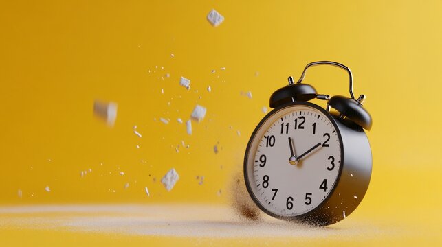 Alarm clock surrounded by exploding cubes against a bright yellow background