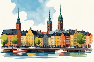 Fototapeta premium Colorful waterfront buildings and spires in a peaceful urban landscape during a sunny day