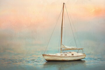 A weathered sailboat floats serenely on calm, pastel-hued water at sunset.