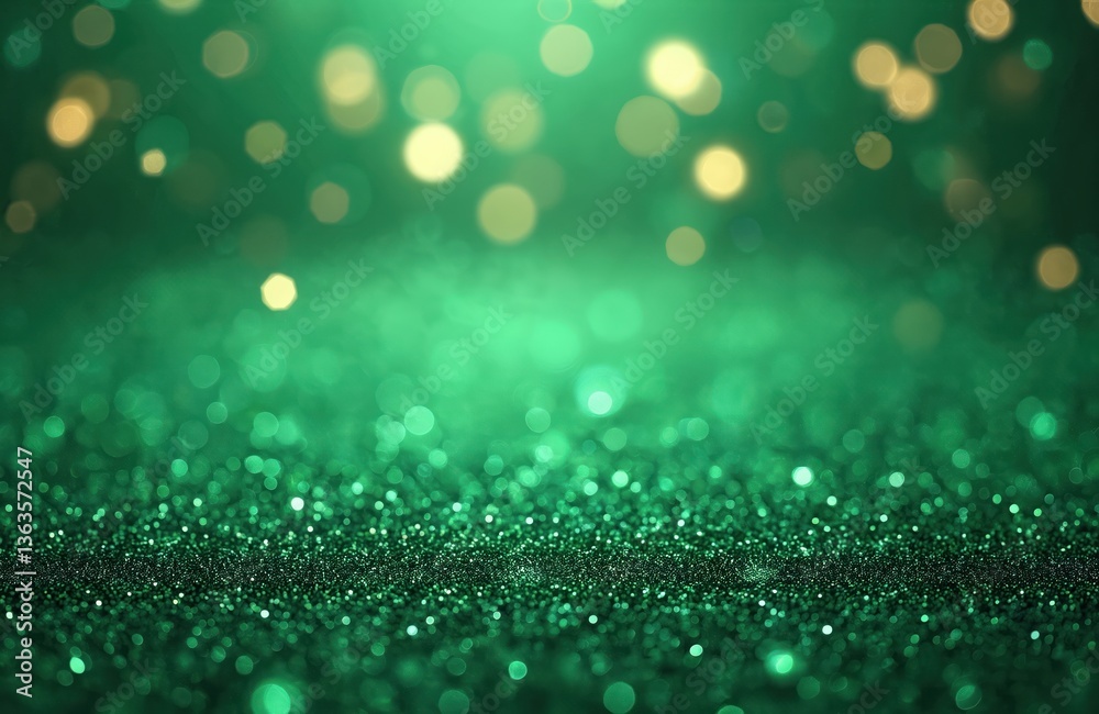 Poster Sparkling green glitter with bokeh effect. Blurred background with shiny lights, perfect for festive backgrounds. Abstract backdrop with vibrant, bright illumination creates dreamy mood.