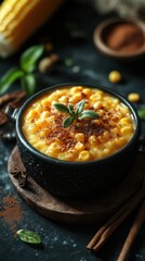 Creamy corn pudding with spices served in a rustic black bowl on a wooden board at a cozy kitchen setting