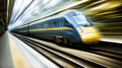 Fototapeta premium Fast Moving Train Blurring Past Platform in Urban Rail Station Capturing Dynamic Travel Experience