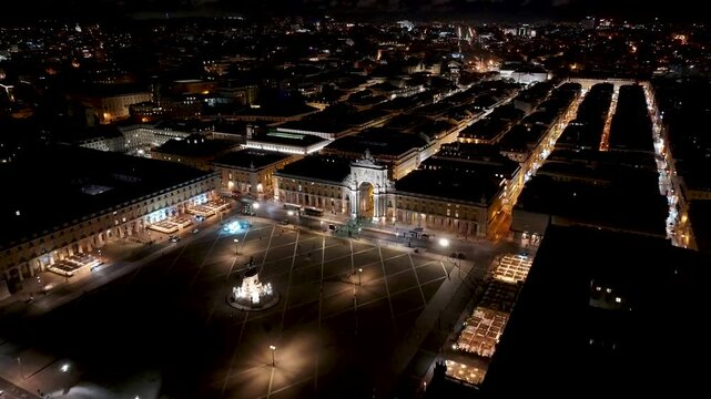 Comercio Square At Lisbon Lisbon District Portugal. City Skyline Showing Modern And Traditional Architecture. Night Freeway Road Downtown Cityscape. Night Exterior Downtown. Lisbon Lisbon District.