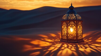 Illuminated lantern casting intricate shadows, abstract desert landscape, Eid scene.