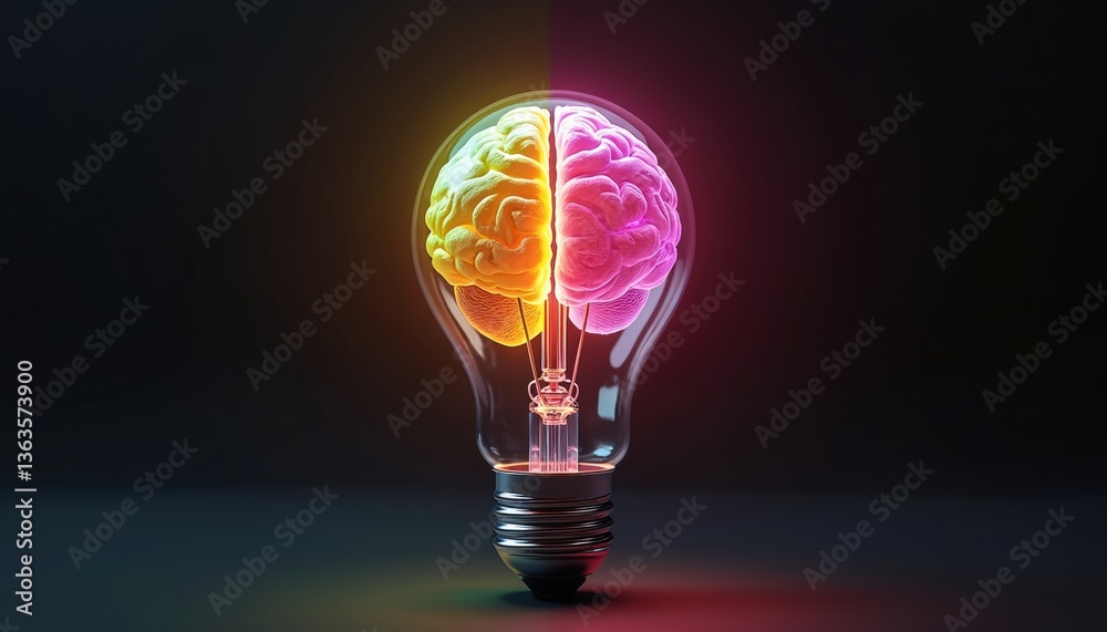 Poster lightbulb illustration with divided colorful brain demonstrates union of logic creativity. clear hal