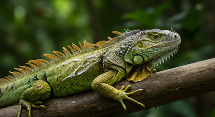 Obraz premium Green Iguana Shedding Old Skin Patches Resting on a Tree Branch Close-up