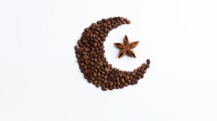 New moon made from coffee beans and star anise isolated on white background, Ramadan celebration concept for cafe or coffee shop	
