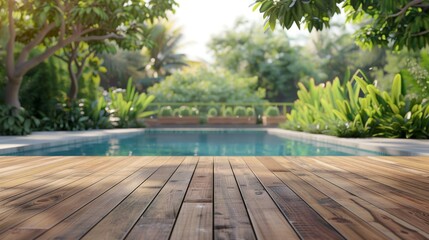 Swimming pool with a wooden deck in the middle of it, surrounded by lush greenery and trees in the background, Tropical background for your products presentation.