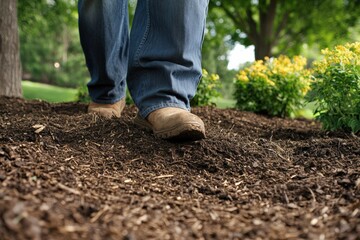 Careful application of mulch around tree roots in garden landscape Generative AI