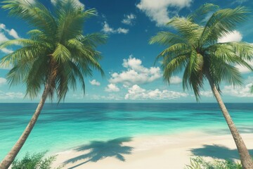 Fototapeta na wymiar Paradise Found: Two majestic palm trees frame a breathtaking turquoise ocean and pristine white sand beach under a vibrant, sunny sky.