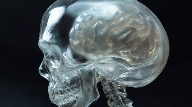 Close-up of a translucent alien skull, its brain-like structure visible beneath the thin layer of its skin.