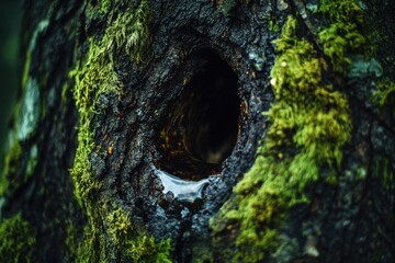 Hollow tree trunk being sealed with natural material in forest setting Generative AI