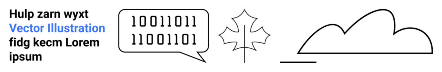 Binary code in a speech bubble, maple leaf symbol representing nature, and abstract cloud form. Ideal for technology, communication, nature, data storage, cloud computing, sustainability simple