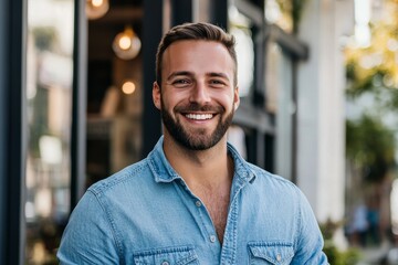 Fototapeta premium The camera captures a close-up portrait of a happy adult male with a bright, cheerful grin, showcasing his perfect teeth as he stands outdoors with a positive expression