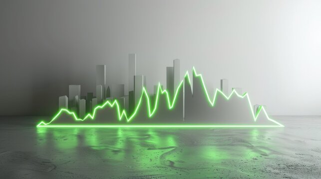 Neon Green Line Graph Over Abstract Cityscape Background Modern Data Visualization Business A - Powered by Adobe