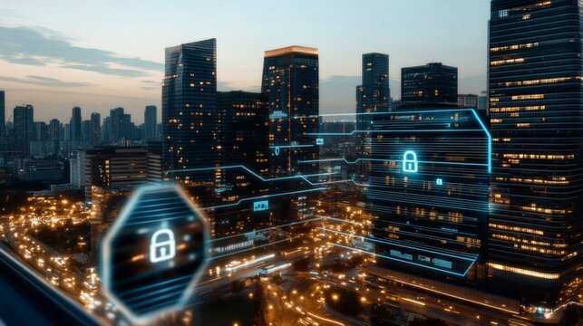 Digital security icons hover above a bustling city skyline during twilight, showcasing the intersection of technology and urban life