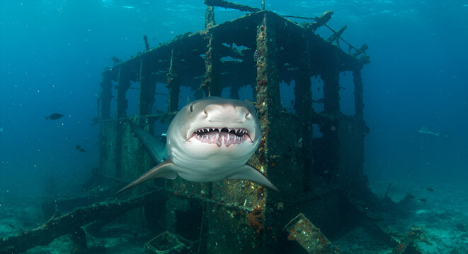 Intense sand tiger shark portrait with shipwreck backdrop, ocean wildlife