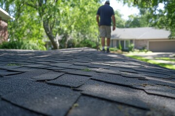 Worker navigating roof ridge with care during daytime Generative AI