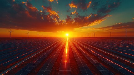 Sunset over vast solar farm and wind turbines.