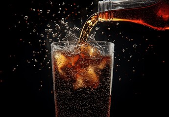 Pour a soft drink into a glass filled with ice against a dark background