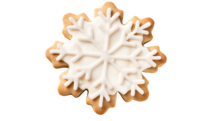 Close up of a snowflake sugar cookie with white icing on a black background in detailisolated on transparent background